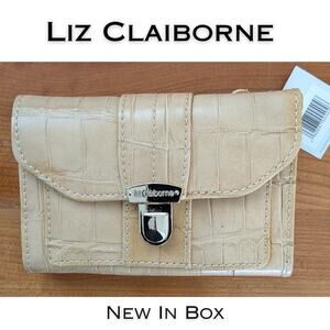 Liz Claiborne Trifold Wallet Croc Embossed Faux Leather Beige Tan Organizer NEW
